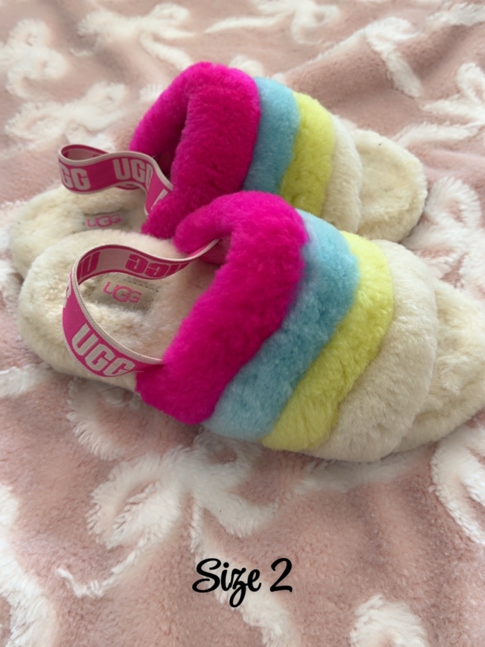 UGG Kids Rainbow Shearling Slide Slippers - Hot Pink, Blue, Yellow, Cream